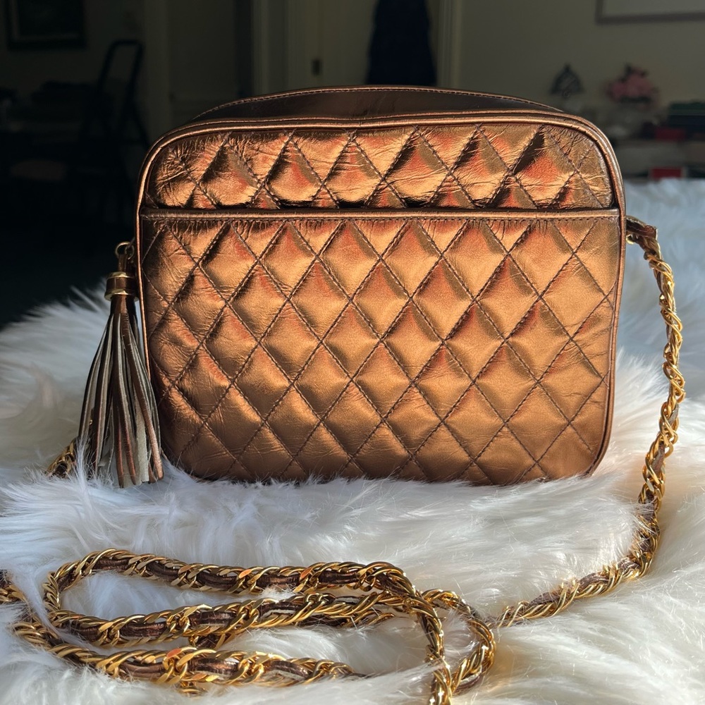 Lisette New York Metallic Bronze Cross BodyBag with Gold Chain Strap